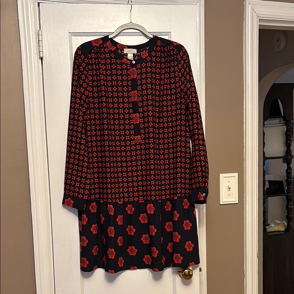 LOFT Red and Black Patterned Dress